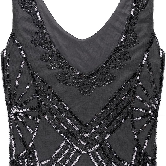 NWT  1920s Gatsby Dress V Neck Sequin Bead Fringed Cocktail Hem Flapper Dress - Picture 3 of 12